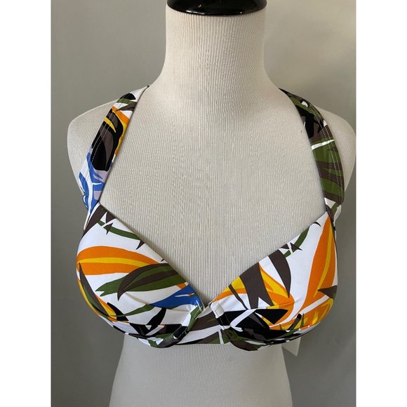 Calvin Klein Multi-Color Tropical Print Adjust Criss Cross Tie Back Bikini Top - Picture 3 of 11